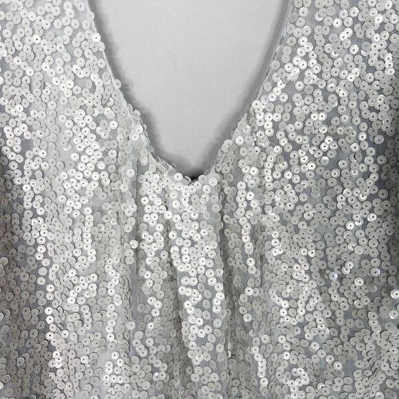 Allison Joy Medium M Light Gray Nina Matte Sequin V Neck Long Sleeve Blouse Top - Picture 5 of 11